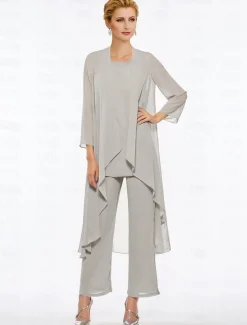Pantsuit 3 Piece Mother of the Bride Elegant Plus Size Floor Length Chiffon Sleeveless Wrap Included with Solid Color to impress free custom size