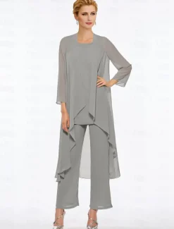 Pantsuit 3 Piece Mother of the Bride Elegant Plus Size Floor Length Chiffon Sleeveless Wrap Included with Solid Color to impress free custom size