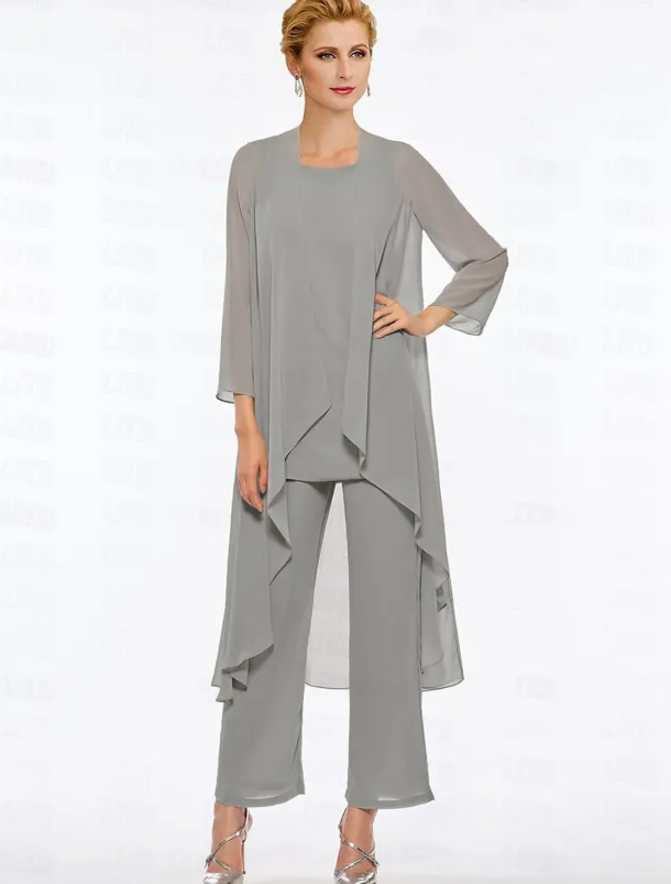 Pantsuit 3 Piece Mother of the Bride Elegant Plus Size Floor Length Chiffon Sleeveless Wrap Included with Solid Color to impress free custom size
