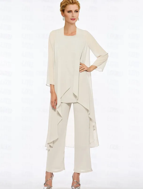 Pantsuit 3 Piece Mother of the Bride Elegant Plus Size Floor Length Chiffon Sleeveless Wrap Included with Solid Color to impress free custom size