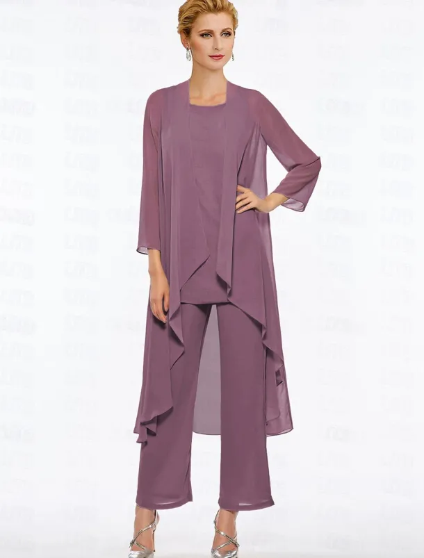 Pantsuit 3 Piece Mother of the Bride Elegant Plus Size Floor Length Chiffon Sleeveless Wrap Included with Solid Color to impress free custom size