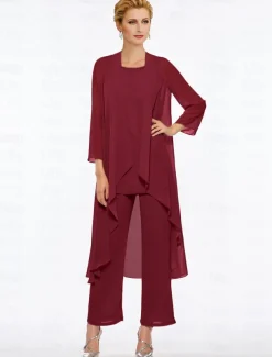 Pantsuit 3 Piece Mother of the Bride Elegant Plus Size Floor Length Chiffon Sleeveless Wrap Included with Solid Color to impress free custom size