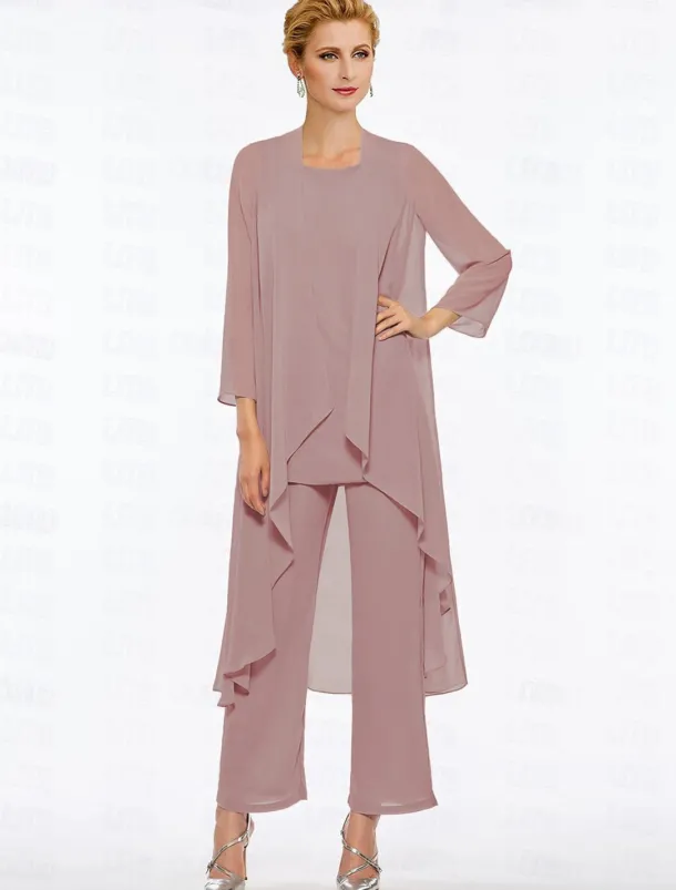 Pantsuit 3 Piece Mother of the Bride Elegant Plus Size Floor Length Chiffon Sleeveless Wrap Included with Solid Color to impress free custom size