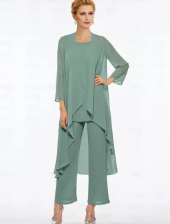 Pantsuit 3 Piece Mother of the Bride Elegant Plus Size Floor Length Chiffon Sleeveless Wrap Included with Solid Color to impress free custom size