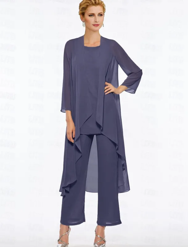 Pantsuit 3 Piece Mother of the Bride Elegant Plus Size Floor Length Chiffon Sleeveless Wrap Included with Solid Color to impress free custom size