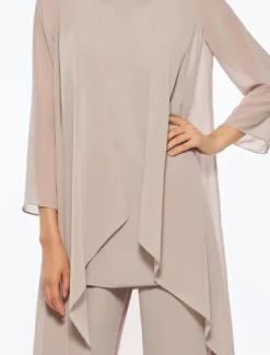Pantsuit 3 Piece Mother of the Bride Elegant Plus Size Floor Length Chiffon Sleeveless Wrap Included with Solid Color to impress free custom size