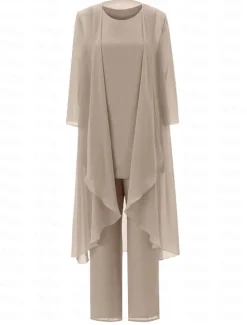 Pantsuit 3 Piece Mother of the Bride Elegant Plus Size Floor Length Chiffon Sleeveless Wrap Included with Solid Color to impress free custom size