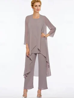 Pantsuit 3 Piece Mother of the Bride Elegant Plus Size Floor Length Chiffon Sleeveless Wrap Included with Solid Color to impress free custom size