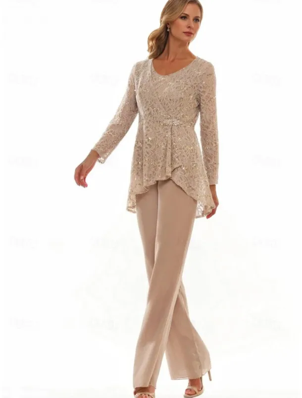 Pantsuit 3 Piece Mother of the Bride Dress Elegant Crew Neck Floor Length Chiffon Long Sleeve with Lace Ruffles