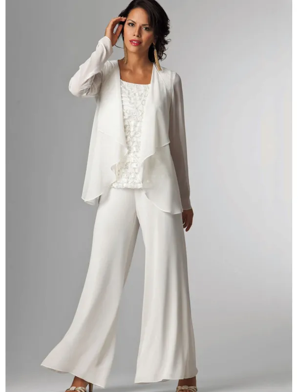 Pantsuit 3 Piece Mother of the Bride Formal Wedding Guest Elegant Plus Size Wrap Floor Length Chiffon Sleeveless with Lace free custom size