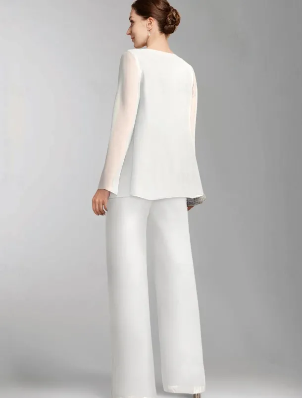 Pantsuit 3 Piece Mother of the Bride Formal Wedding Guest Elegant Plus Size Wrap Floor Length Chiffon Sleeveless with Lace free custom size