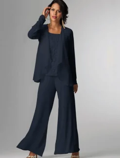 Pantsuit 3 Piece Mother of the Bride Formal Wedding Guest Elegant Plus Size Wrap Floor Length Chiffon Sleeveless with Lace free custom size