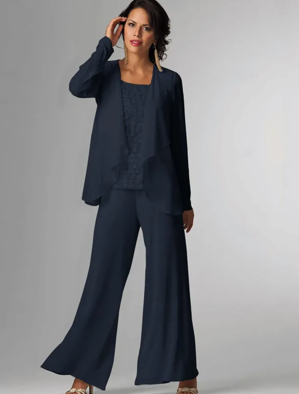 Pantsuit 3 Piece Mother of the Bride Formal Wedding Guest Elegant Plus Size Wrap Floor Length Chiffon Sleeveless with Lace free custom size