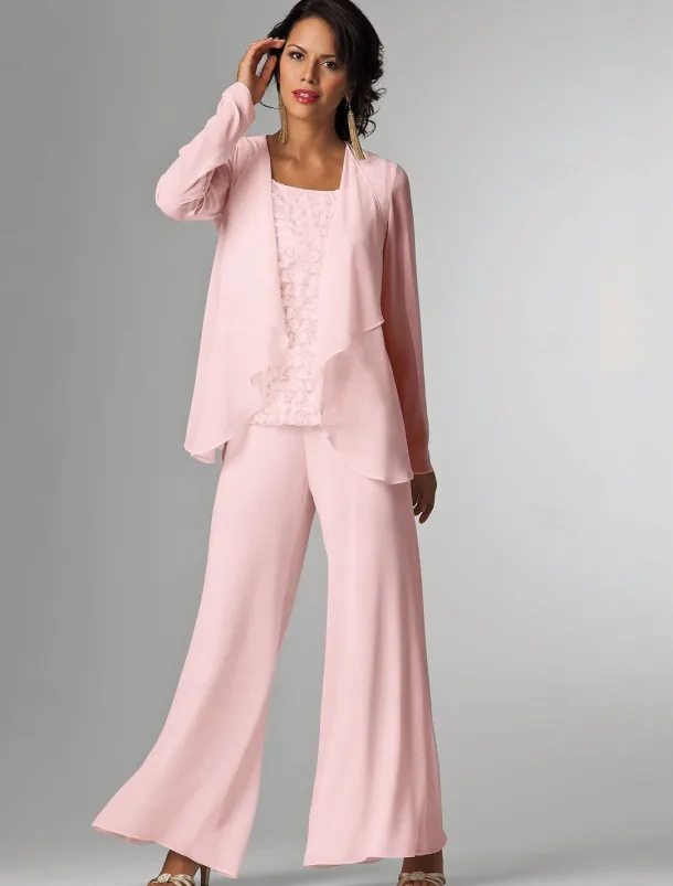 Pantsuit 3 Piece Mother of the Bride Formal Wedding Guest Elegant Plus Size Wrap Floor Length Chiffon Sleeveless with Lace free custom size