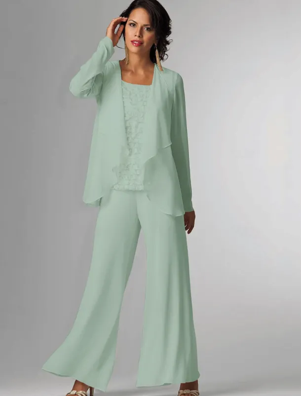 Pantsuit 3 Piece Mother of the Bride Formal Wedding Guest Elegant Plus Size Wrap Floor Length Chiffon Sleeveless with Lace free custom size