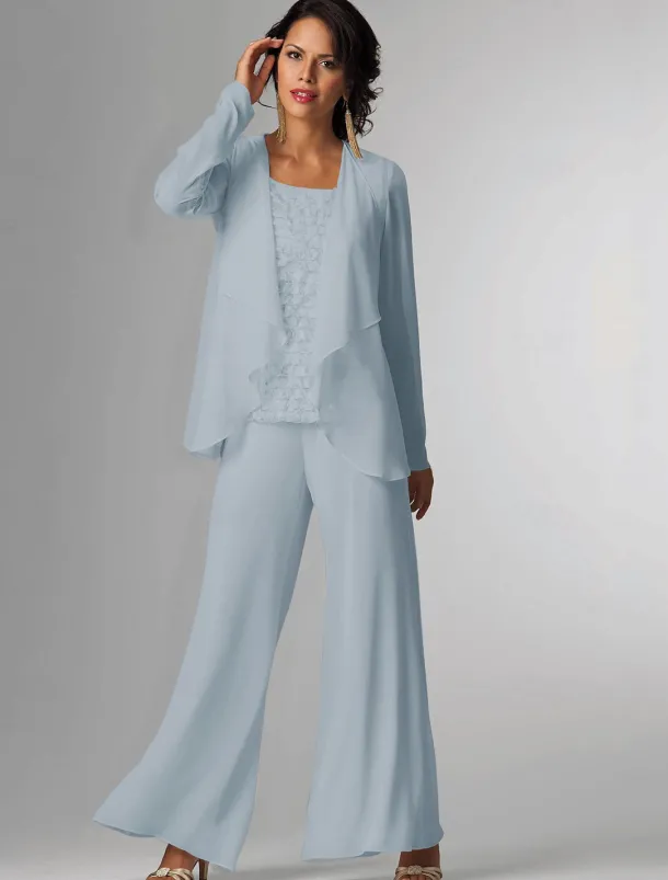 Pantsuit 3 Piece Mother of the Bride Formal Wedding Guest Elegant Plus Size Wrap Floor Length Chiffon Sleeveless with Lace free custom size