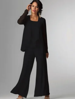 Pantsuit 3 Piece Mother of the Bride Formal Wedding Guest Elegant Plus Size Wrap Floor Length Chiffon Sleeveless with Lace free custom size