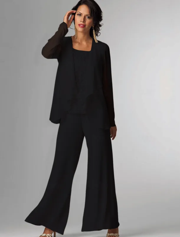 Pantsuit 3 Piece Mother of the Bride Formal Wedding Guest Elegant Plus Size Wrap Floor Length Chiffon Sleeveless with Lace free custom size