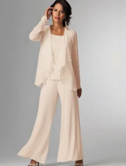 Pantsuit 3 Piece Mother of the Bride Formal Wedding Guest Elegant Plus Size Wrap Floor Length Chiffon Sleeveless with Lace free custom size