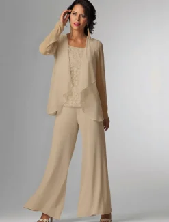 Pantsuit 3 Piece Mother of the Bride Formal Wedding Guest Elegant Plus Size Wrap Floor Length Chiffon Sleeveless with Lace free custom size