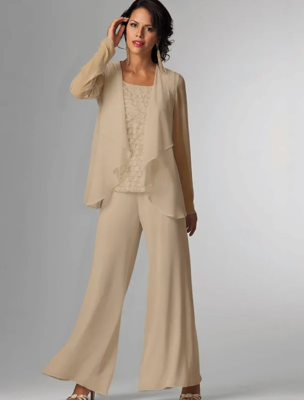 Pantsuit 3 Piece Mother of the Bride Formal Wedding Guest Elegant Plus Size Wrap Floor Length Chiffon Sleeveless with Lace free custom size