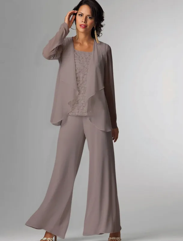 Pantsuit 3 Piece Mother of the Bride Formal Wedding Guest Elegant Plus Size Wrap Floor Length Chiffon Sleeveless with Lace free custom size