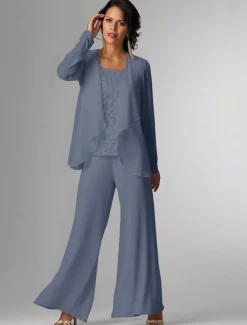 Pantsuit 3 Piece Mother of the Bride Formal Wedding Guest Elegant Plus Size Wrap Floor Length Chiffon Sleeveless with Lace free custom size