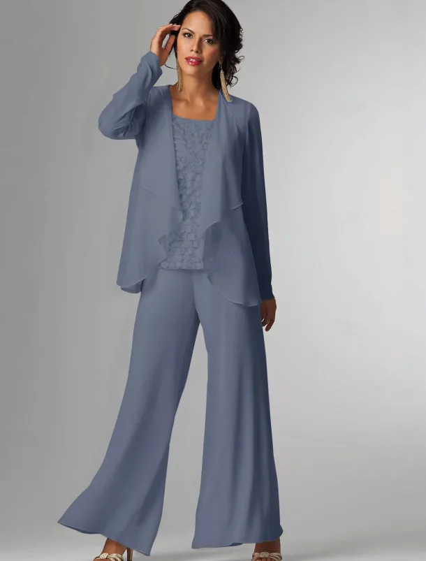 Pantsuit 3 Piece Mother of the Bride Formal Wedding Guest Elegant Plus Size Wrap Floor Length Chiffon Sleeveless with Lace free custom size