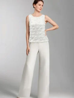 Pantsuit 3 Piece Mother of the Bride Formal Wedding Guest Elegant Plus Size Wrap Floor Length Chiffon Sleeveless with Lace free custom size