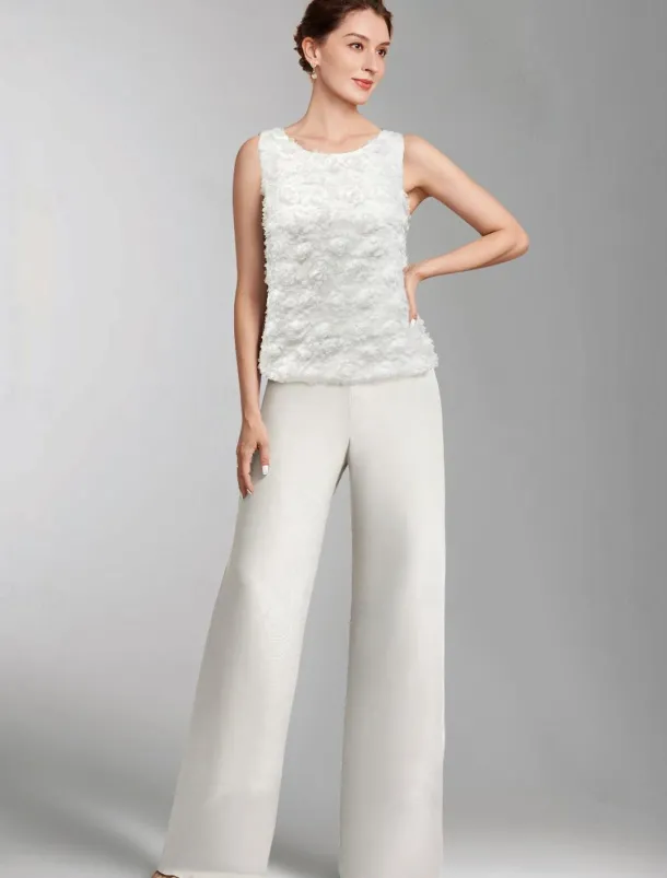 Pantsuit 3 Piece Mother of the Bride Formal Wedding Guest Elegant Plus Size Wrap Floor Length Chiffon Sleeveless with Lace free custom size