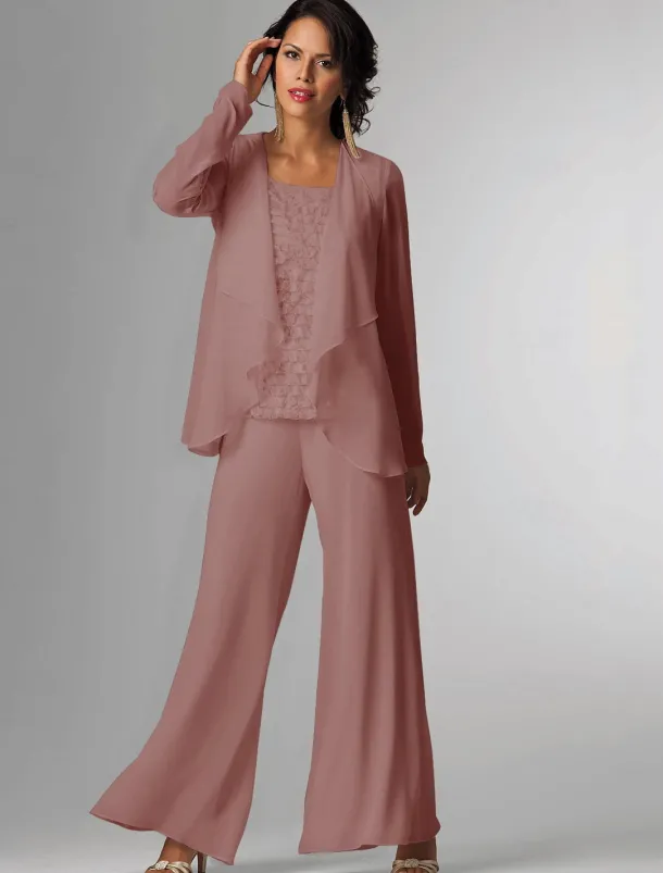Pantsuit 3 Piece Mother of the Bride Formal Wedding Guest Elegant Plus Size Wrap Floor Length Chiffon Sleeveless with Lace free custom size