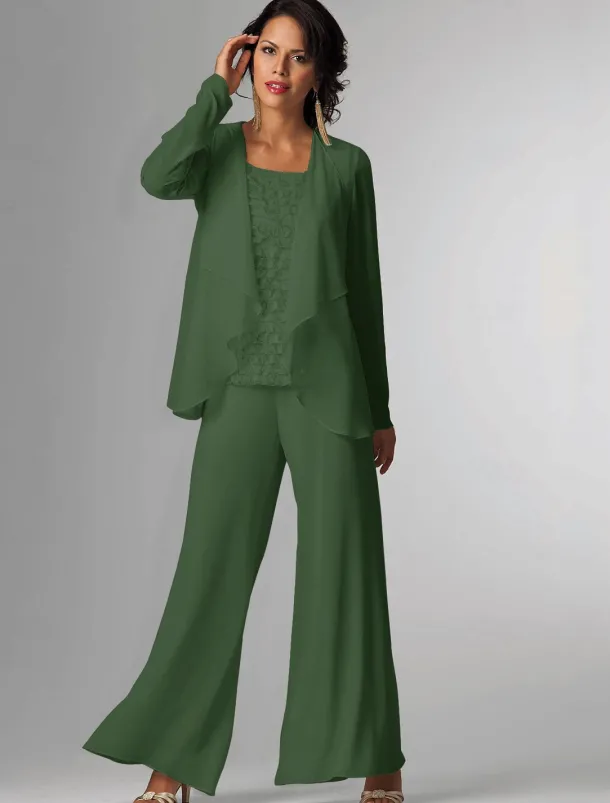 Pantsuit 3 Piece Mother of the Bride Formal Wedding Guest Elegant Plus Size Wrap Floor Length Chiffon Sleeveless with Lace free custom size