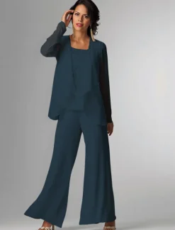 Pantsuit 3 Piece Mother of the Bride Formal Wedding Guest Elegant Plus Size Wrap Floor Length Chiffon Sleeveless with Lace free custom size