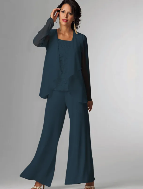 Pantsuit 3 Piece Mother of the Bride Formal Wedding Guest Elegant Plus Size Wrap Floor Length Chiffon Sleeveless with Lace free custom size