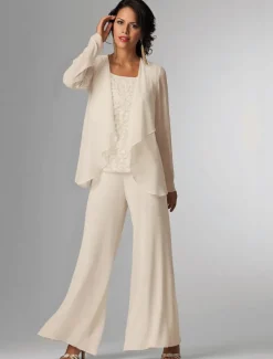 Pantsuit 3 Piece Mother of the Bride Formal Wedding Guest Elegant Plus Size Wrap Floor Length Chiffon Sleeveless with Lace free custom size