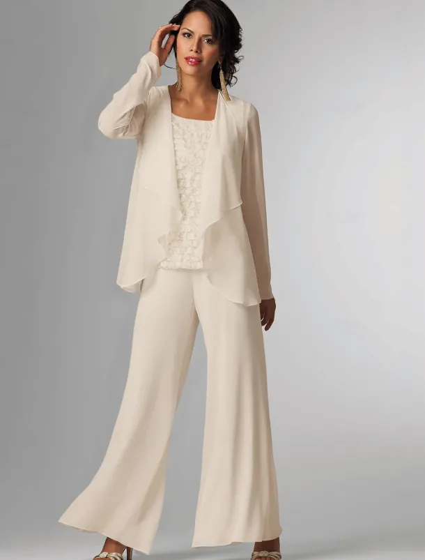 Pantsuit 3 Piece Mother of the Bride Formal Wedding Guest Elegant Plus Size Wrap Floor Length Chiffon Sleeveless with Lace free custom size
