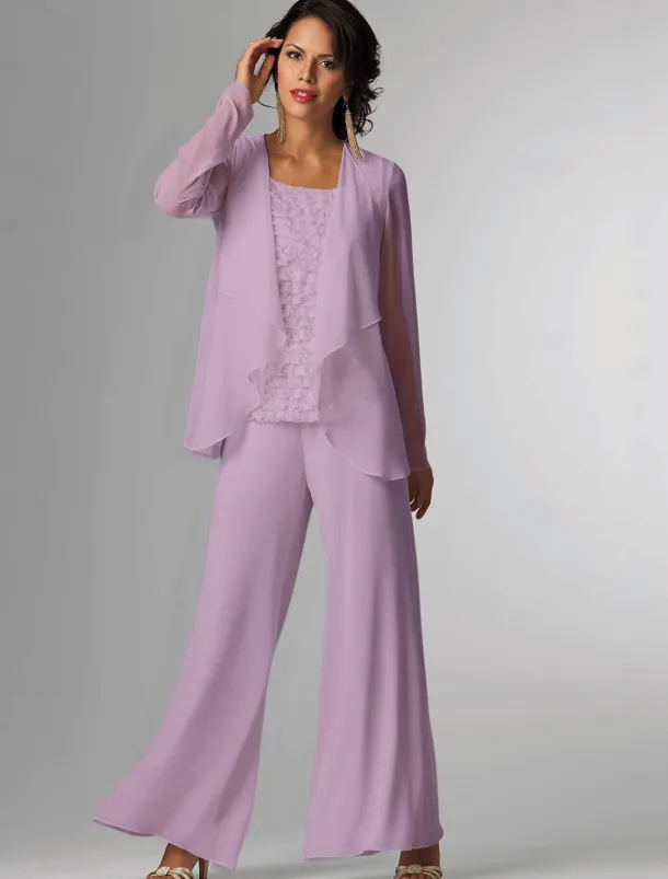 Pantsuit 3 Piece Mother of the Bride Formal Wedding Guest Elegant Plus Size Wrap Floor Length Chiffon Sleeveless with Lace free custom size