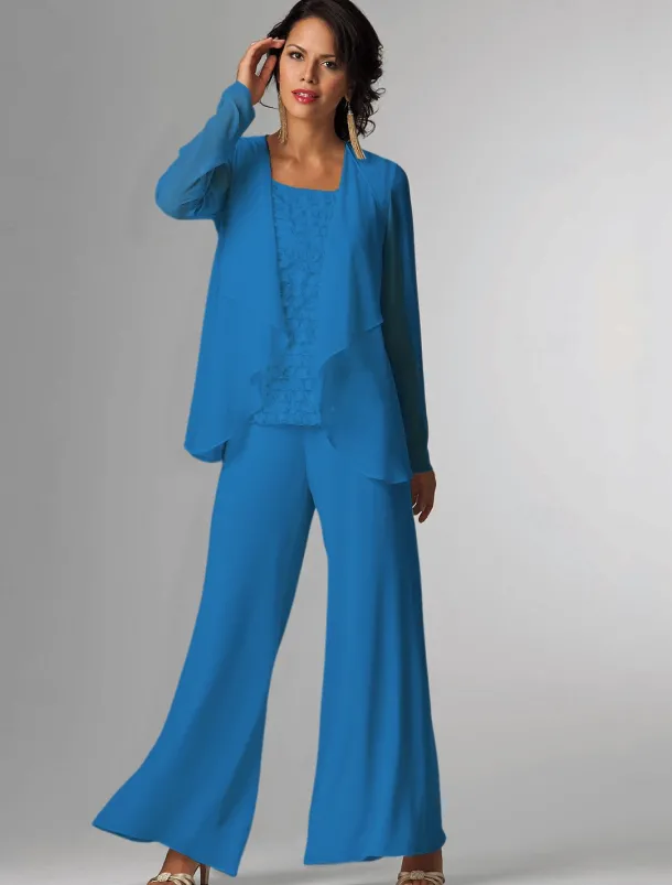 Pantsuit 3 Piece Mother of the Bride Formal Wedding Guest Elegant Plus Size Wrap Floor Length Chiffon Sleeveless with Lace free custom size