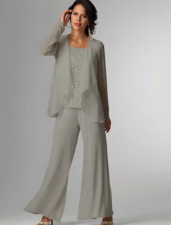 Pantsuit 3 Piece Mother of the Bride Formal Wedding Guest Elegant Plus Size Wrap Floor Length Chiffon Sleeveless with Lace free custom size