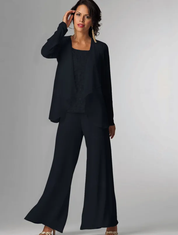 Pantsuit 3 Piece Mother of the Bride Formal Wedding Guest Elegant Plus Size Wrap Floor Length Chiffon Sleeveless with Lace free custom size