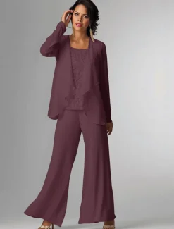 Pantsuit 3 Piece Mother of the Bride Formal Wedding Guest Elegant Plus Size Wrap Floor Length Chiffon Sleeveless with Lace free custom size