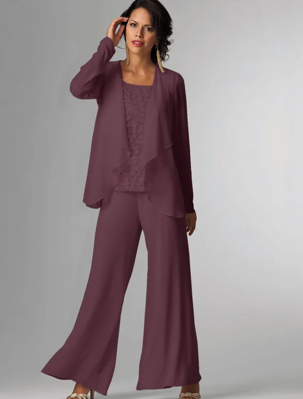 Pantsuit 3 Piece Mother of the Bride Formal Wedding Guest Elegant Plus Size Wrap Floor Length Chiffon Sleeveless with Lace free custom size