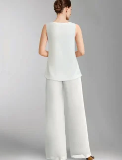 Pantsuit 3 Piece Mother of the Bride Formal Wedding Guest Elegant Plus Size Wrap Floor Length Chiffon Sleeveless with Lace free custom size
