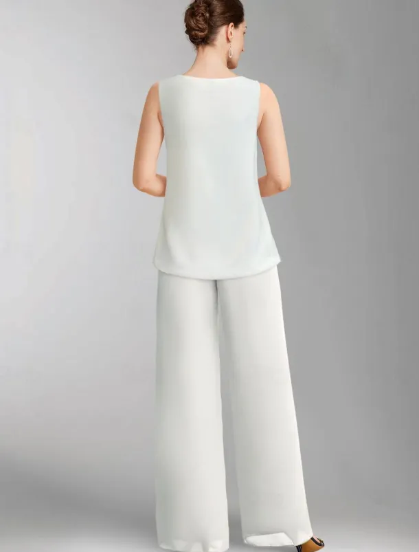 Pantsuit 3 Piece Mother of the Bride Formal Wedding Guest Elegant Plus Size Wrap Floor Length Chiffon Sleeveless with Lace free custom size