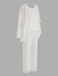 Pantsuit 3 Piece Mother of the Bride Formal Wedding Guest Elegant Plus Size Wrap Floor Length Chiffon Sleeveless with Lace free custom size