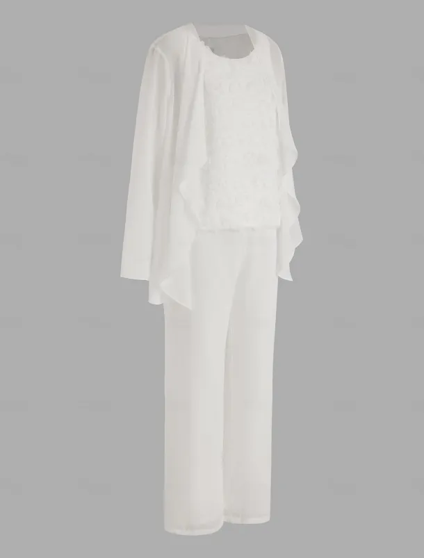 Pantsuit 3 Piece Mother of the Bride Formal Wedding Guest Elegant Plus Size Wrap Floor Length Chiffon Sleeveless with Lace free custom size