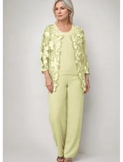 Pantsuit 3 Piece Mother of the Bride Dress Elegant Crew Neck Floor Length Chiffon Long Sleeve Wrap Included with Lace Embroidery