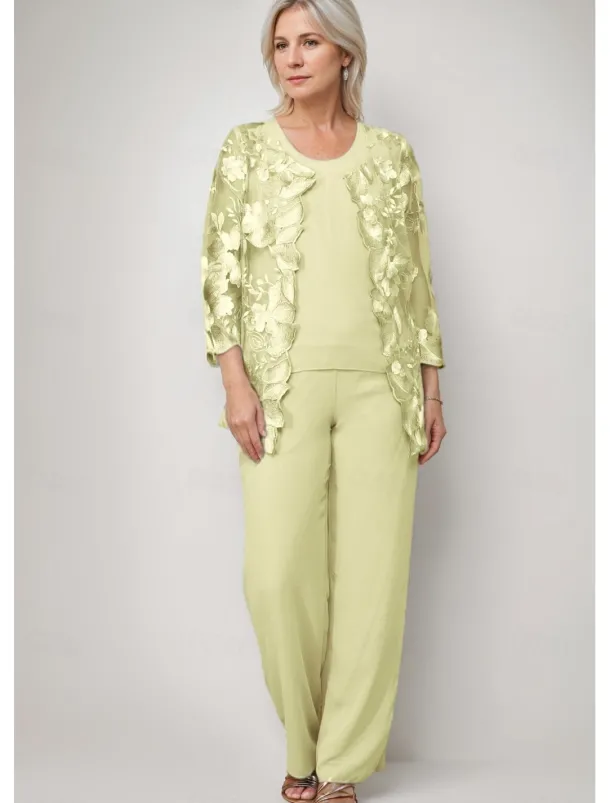 Pantsuit 3 Piece Mother of the Bride Dress Elegant Crew Neck Floor Length Chiffon Long Sleeve Wrap Included with Lace Embroidery