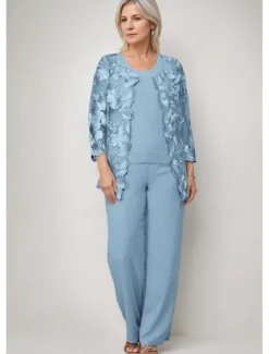 Pantsuit 3 Piece Mother of the Bride Dress Elegant Crew Neck Floor Length Chiffon Long Sleeve Wrap Included with Lace Embroidery