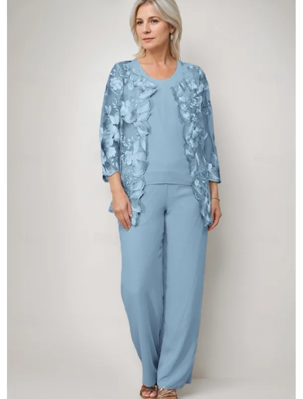 Pantsuit 3 Piece Mother of the Bride Dress Elegant Crew Neck Floor Length Chiffon Long Sleeve Wrap Included with Lace Embroidery